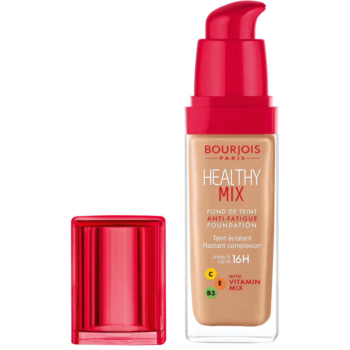 Bourjois Healthy Mix foundation bottle with red cap on a white background