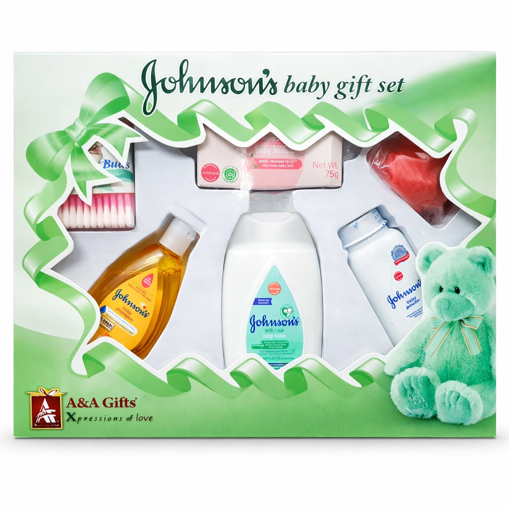Johnson's baby gift set with various products and a teddy bear in a decorative box.