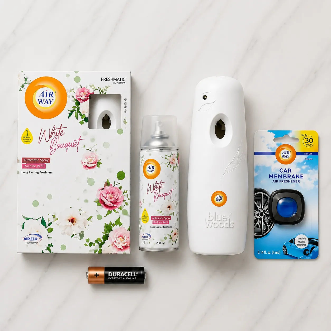 Airway Automatic Air Freshener Machine with Free Car Air Freshener & Refill - White Bouquet | Flower Based Fragrance
