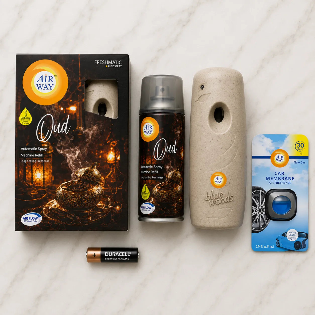 Airway Automatic Air Freshener Machine with Free Car Air Freshener & Refill – Oud - Long Lasting Freshness