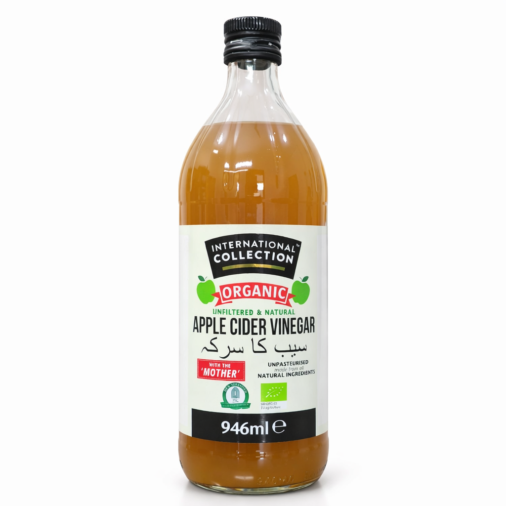 Bottle of International Collection Organic Apple Cider Vinegar on a white background