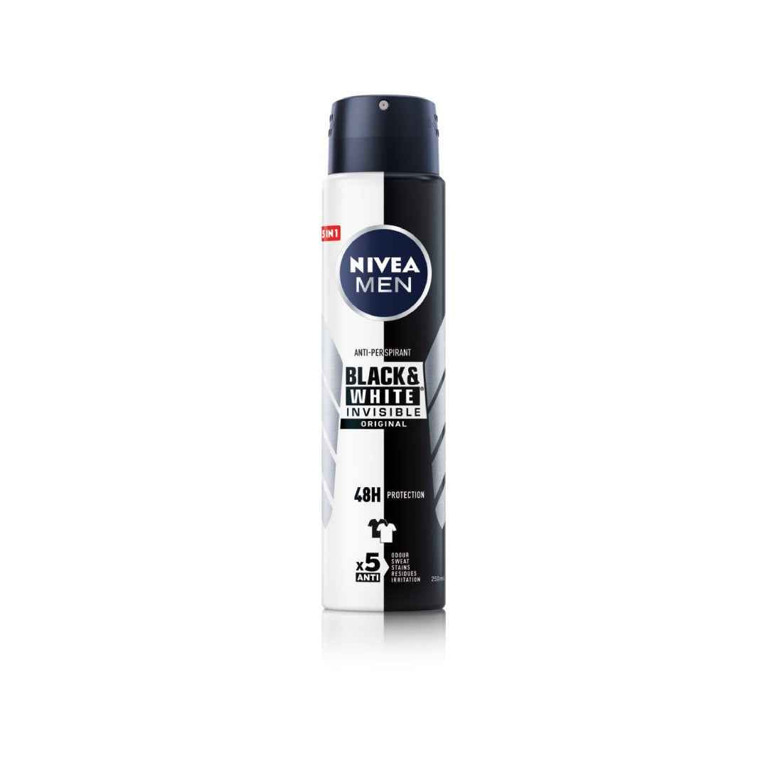 NIVEA Black & White Invisible Original Anti-Perspirant Spray – 250ml | 48-Hour Protection with Anti-Stain Technology | Alcohol-Free