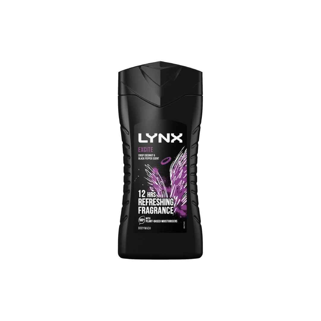 Lynx Excite Body Wash for Men – Crisp Coconut & Black Pepper Scent, 250ml – 12H Fresh Fragrance with Plant-Based Moisturisers