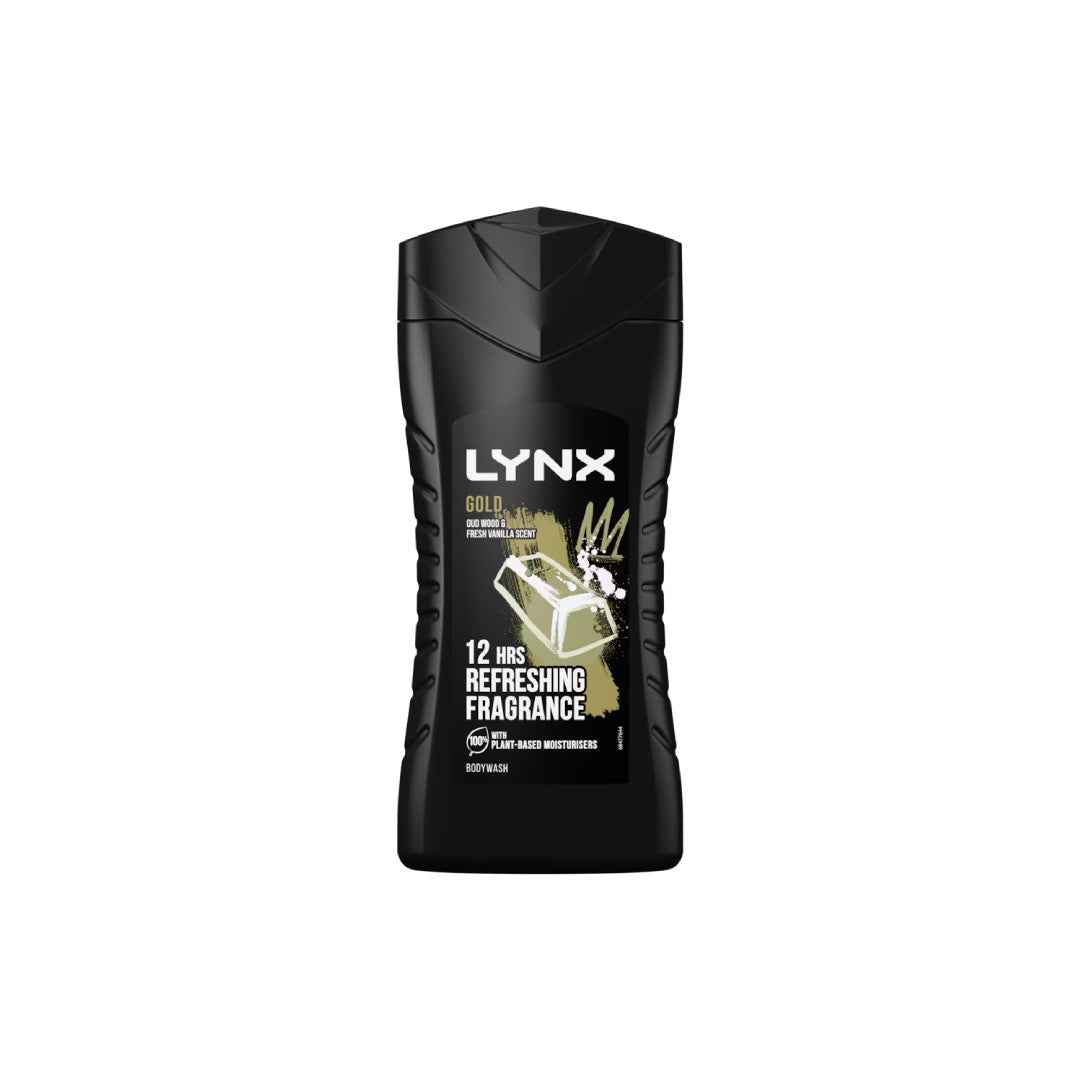 Lynx Gold Body Wash for Men β Oud Wood & Dark Vanilla Scent, 250ml β 12H Long-Lasting Fragrance with Plant-Based Moisturisers
