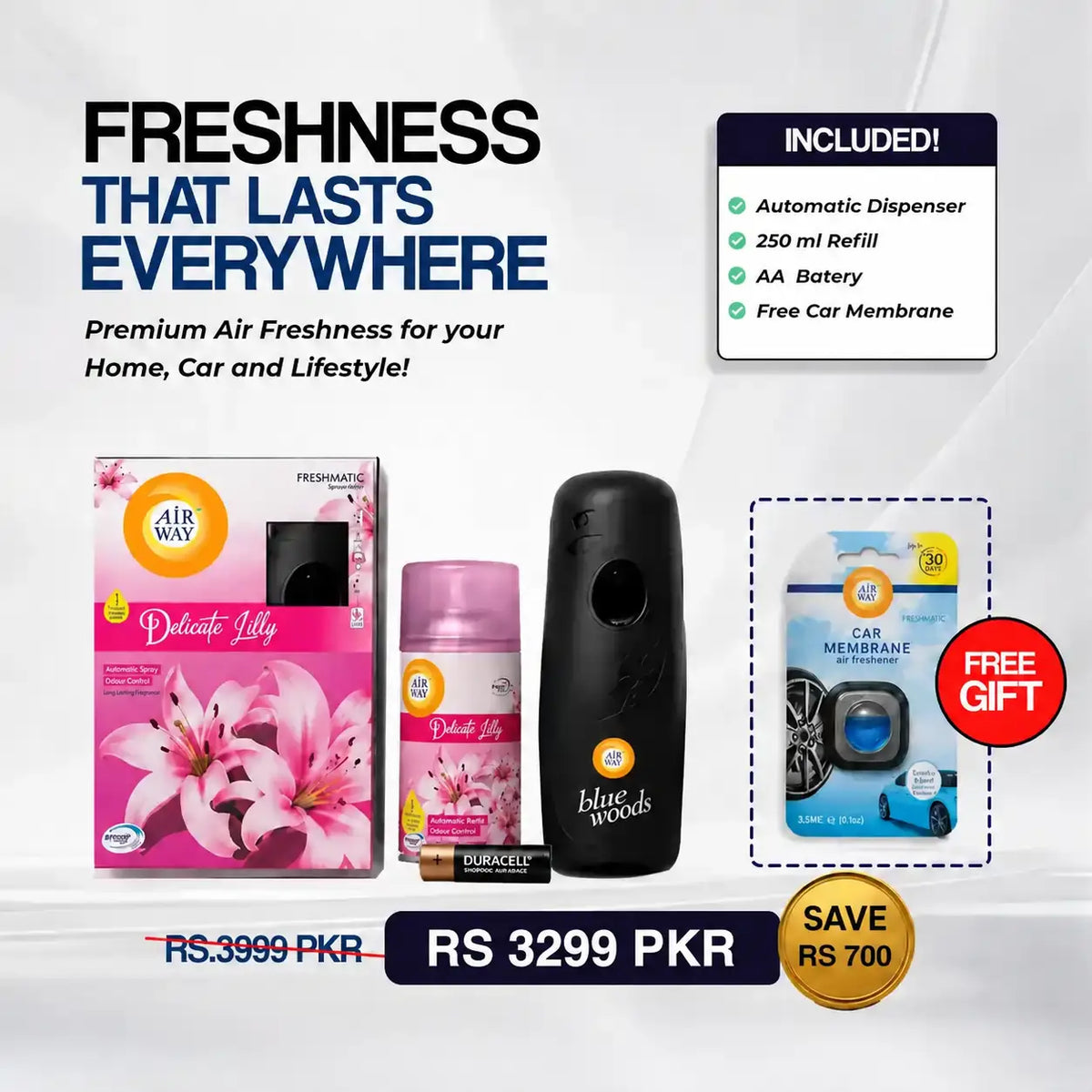 Airway Automatic Air Freshener Machine with Refill+Free Car Air Freshener – Delicate Lily | Flower Based Fragrance