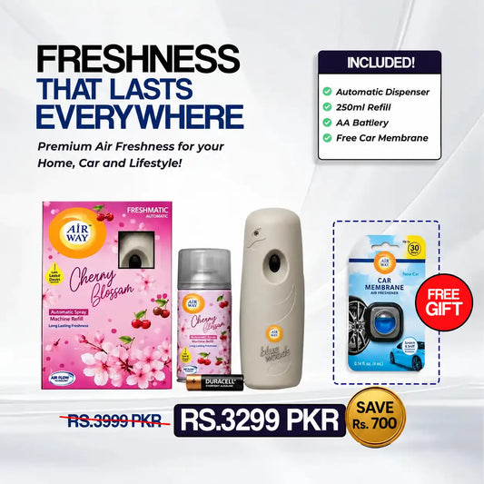 Airway Automatic Air Freshener Machine with Refill+Free Car Air Refreshener – Cherry Blossom | Flower Based Fragrance - Long Lasting Freshness