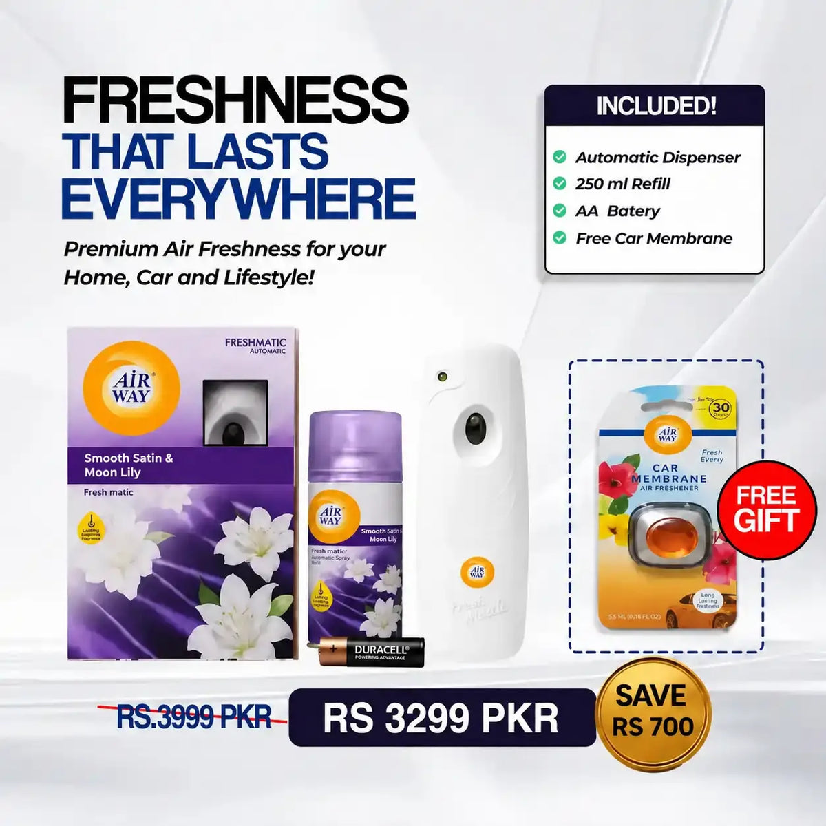 Airway Automatic Air Freshener Machine with Refill+Free Car Air Freshener Smooth Satin & Moon Lily Fragrance – Long Lasting Up to 30 Days