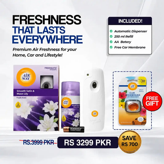 Airway Automatic Air Freshener Machine with Refill+Free Car Air Freshener Smooth Satin & Moon Lily Fragrance – Long Lasting Up to 30 Days