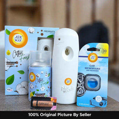 Airway Automatic Air Freshener Machine with Refill+Free Car Air Freshener - Cotton Fresh | Flower Based Fragrance