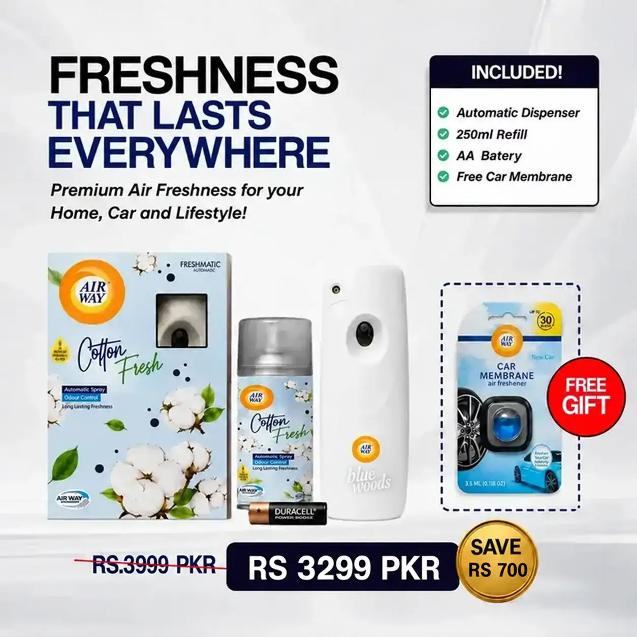 Airway Automatic Air Freshener Machine with Refill+Free Car Air Freshener - Cotton Fresh | Flower Based Fragrance