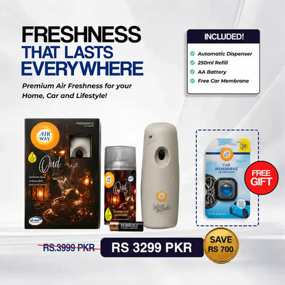 Airway Automatic Air Freshener Machine with Refill+Free Car Air Freshener – Oud | Oil Based Fragrance - Long Lasting Freshness