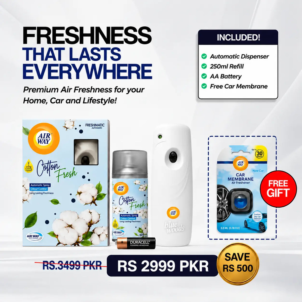 Airway Automatic Air Freshener Machine with Refill+Free Car Air Freshener - Cotton Fresh | Flower Based Fragrance