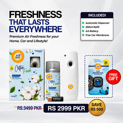 Airway Automatic Air Freshener Machine with Refill+Free Car Air Freshener - Cotton Fresh | Flower Based Fragrance