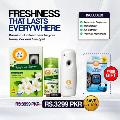 Airway Automatic Air Freshener Machine with Refill+Free Car Air Freshener – Freesia and Jasmine | Flower Based Fragrance