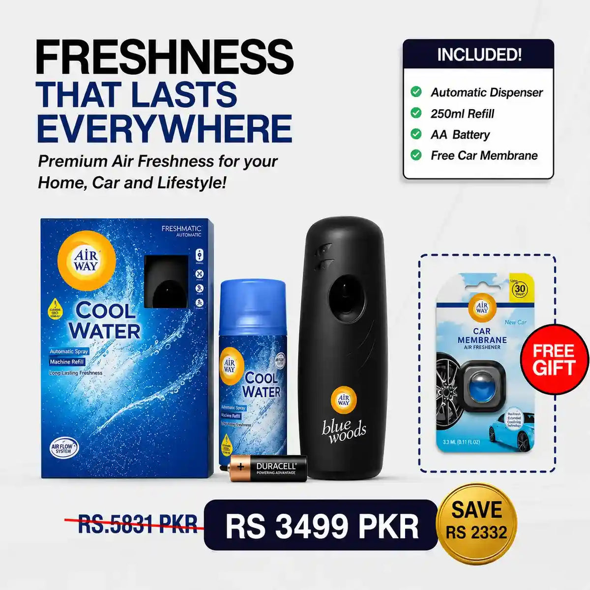 Airway Automatic Air Freshener Machine with Refill+Free Car Air Refreshener Cool Water | Water Based Fragrance