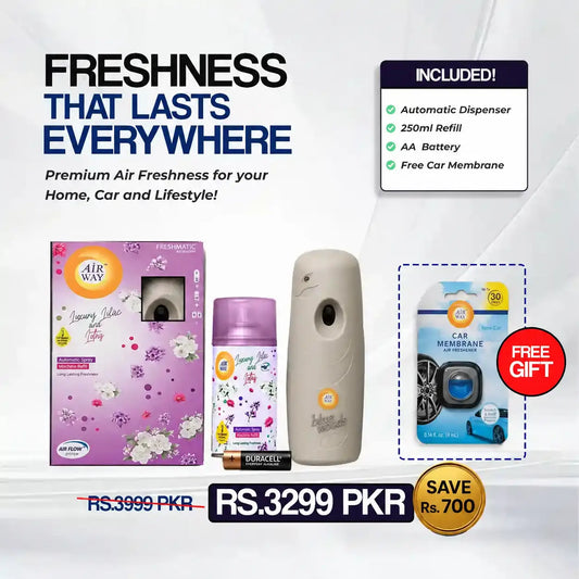 Airway Automatic Air Freshener Machine with Refill+Free Car Air Refreshener– Luxury Lilac and Lotus | Flower Based Fragrance - Long Lasting Freshness