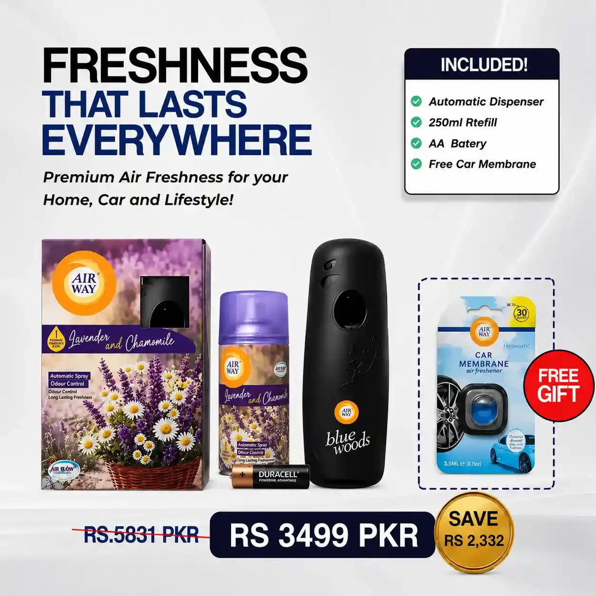 Airway Automatic Air Freshener Machine with Refill+Free Car Air Freshener – Lavender and Chamomile | Flower Based Fragrance