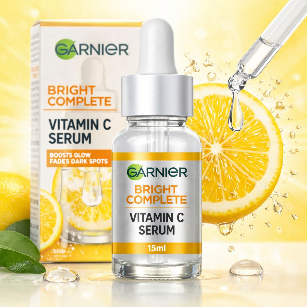 Garnier Bright Complete Vitamin C Serum with packaging, dropper, and lemon slices on a yellow background
