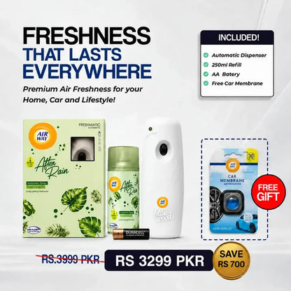 Airway Automatic Air Freshener Machine with Refill+Free Car Air Refreshener- After Rain | Water Based Fragrance