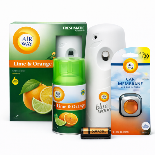 Airway Automatic Air Freshener Machine with Free Car Air Freshener & Refill –Lime & Orange Fragrance – Long Lasting Up to 30 Days