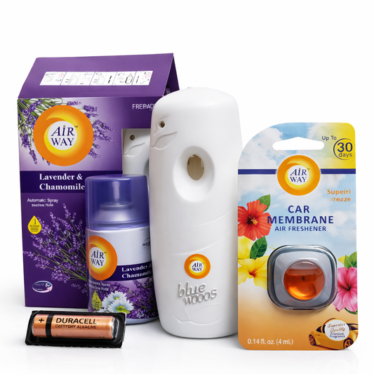 Collection of Air Way products including a car air freshener, deodorant, and other items on a white background.
