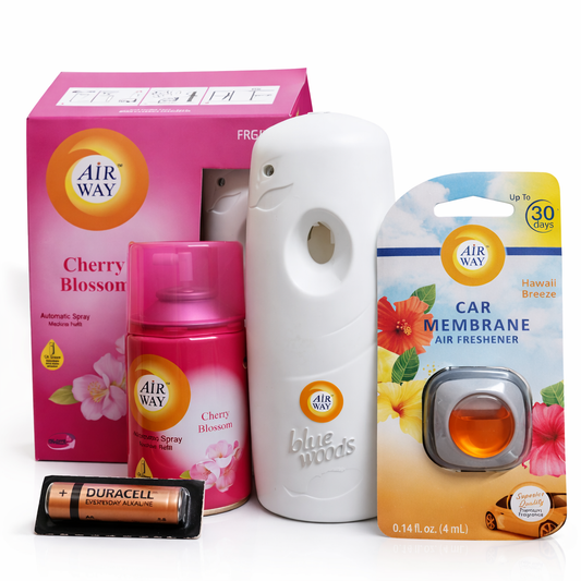 Collection of Air Way products including a spray, car freshener, and packaging on a white background.