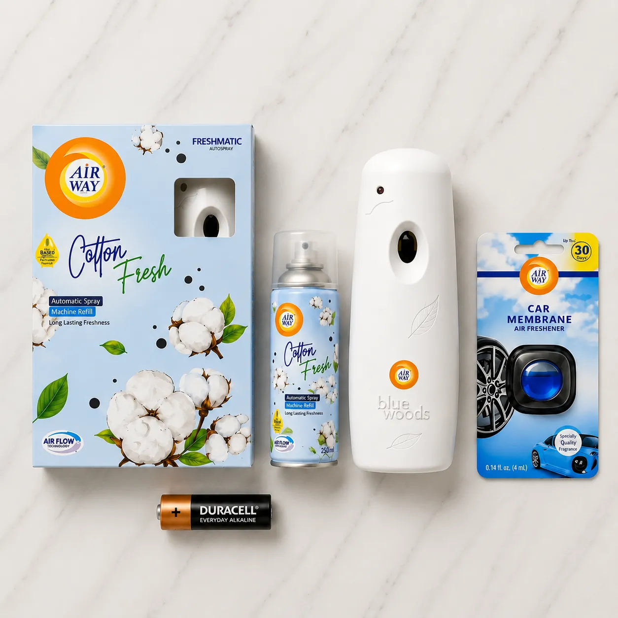 Airway Automatic Air Freshener Machine with Free Car Air Freshener & Refill - Cotton Fresh | Flower Based Fragrance