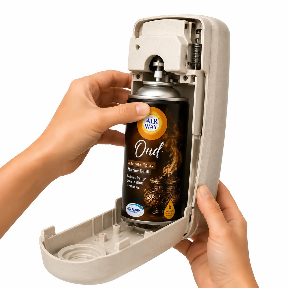 Airway Automatic Air Freshener Machine with Refill+Free Car Air Freshener – Oud | Oil Based Fragrance - Long Lasting Freshness