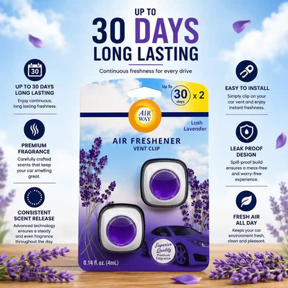 AirWay Car Vent Clip Air Freshener – Lush Lavender Scent (Made in Europe) – 1 Pack (2 Pcs) | Lasts Up to 30 Days Each