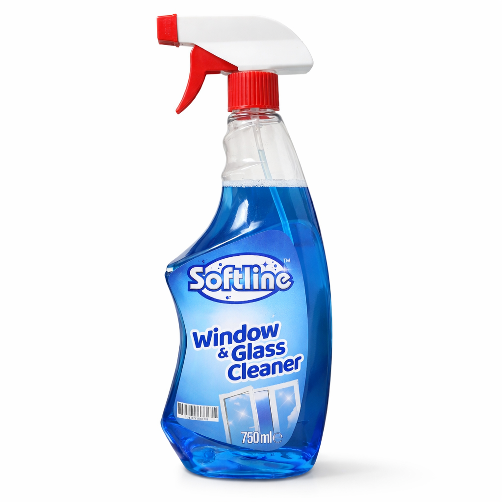 Blue spray bottle of Softline window and glass cleaner on a white background
