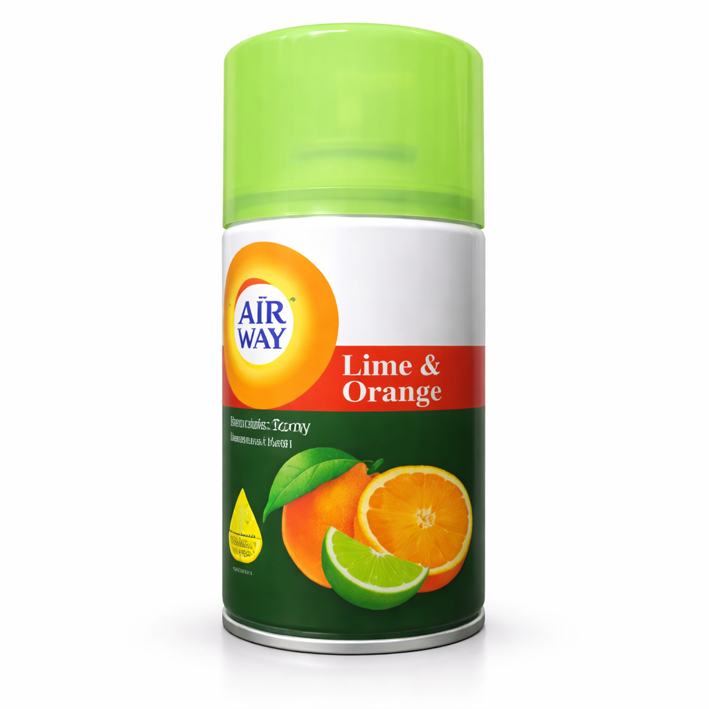 Air freshener canister with lime and orange flavor on a white background