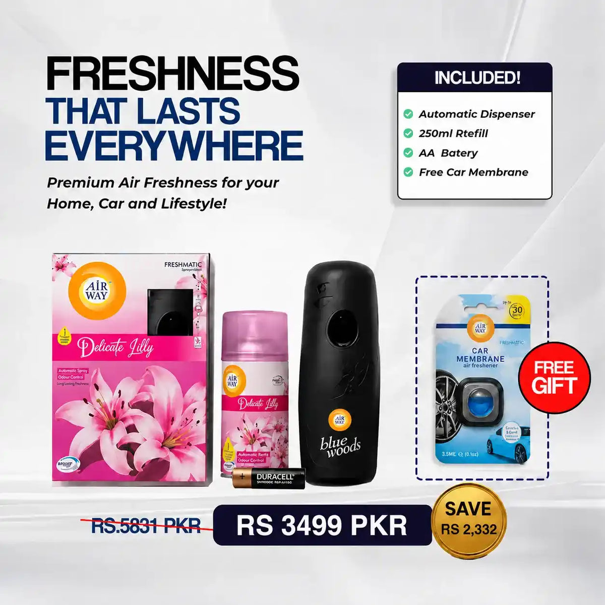 Airway Automatic Air Freshener Machine with Refill+Free Car Air Freshener – Delicate Lily | Flower Based Fragrance