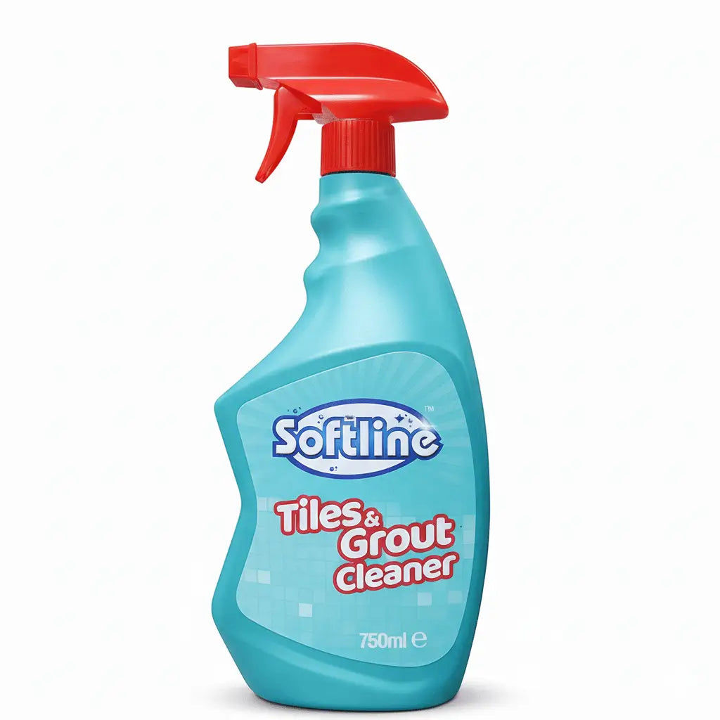 Blue spray bottle with red nozzle labeled 'Softline Tiles & Grout Cleaner' on a white background