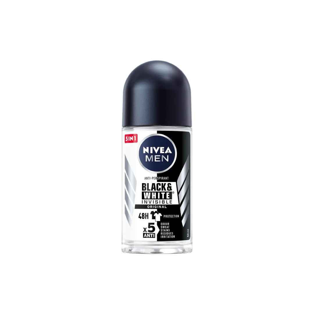 NIVEA MEN Black & White Invisible Original Anti-Perspirant Roll-On – 50ml | 72-Hour Protection with Anti-Stain Technology | Alcohol-Free