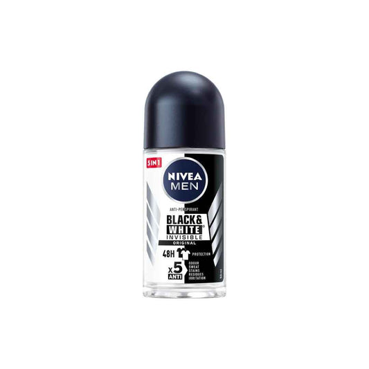 NIVEA MEN Black & White Invisible Original Anti-Perspirant Roll-On – 50ml | 72-Hour Protection with Anti-Stain Technology | Alcohol-Free