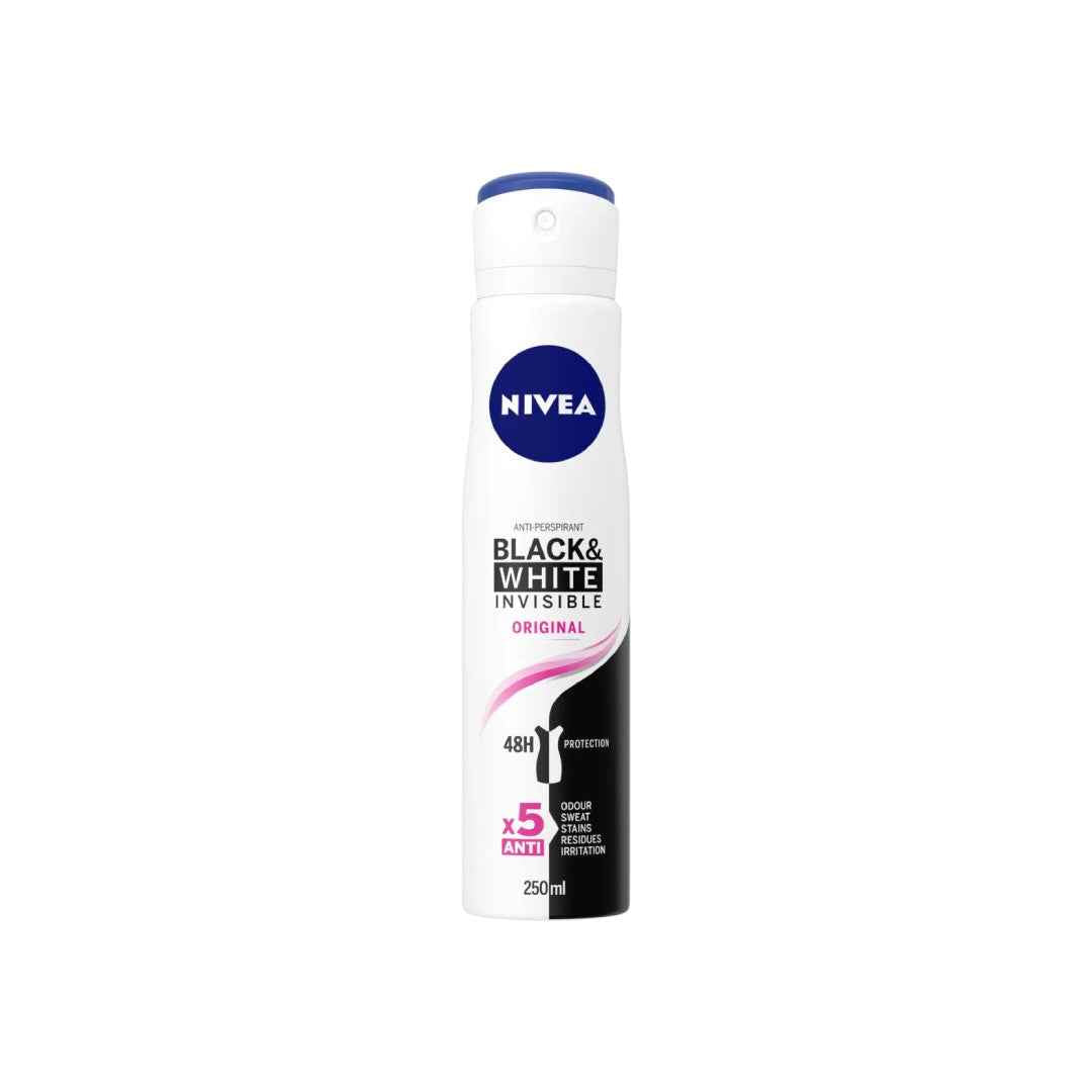 NIVEA Black & White Invisible Original Anti-Perspirant Spray – 250ml | 48-Hour Protection with Anti-Stain Technology | Alcohol-Free