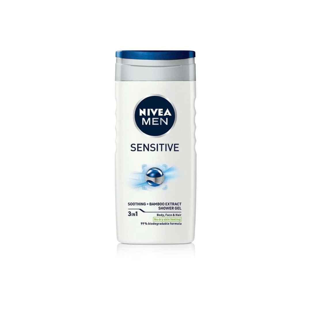 NIVEA Men Sensitive Shower Gel – 3-in-1 for Body, Face & Hair, 250ml – Gentle Cleansing for Sensitive Skin with Bamboo Extract