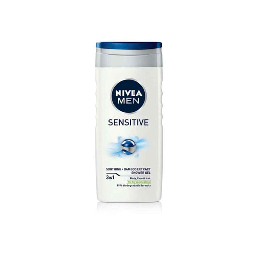 NIVEA Men Sensitive Shower Gel – 3-in-1 for Body, Face & Hair, 250ml – Gentle Cleansing for Sensitive Skin with Bamboo Extract