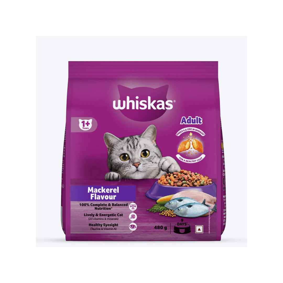 Whiskas Adult Dry Cat Food – Mackerel Flavour, 480g | Complete & Balanced Nutrition for Cats Aged 1+ Years
