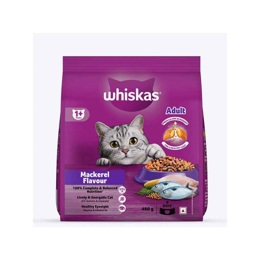 Whiskas Adult Dry Cat Food – Mackerel Flavour, 480g | Complete & Balanced Nutrition for Cats Aged 1+ Years