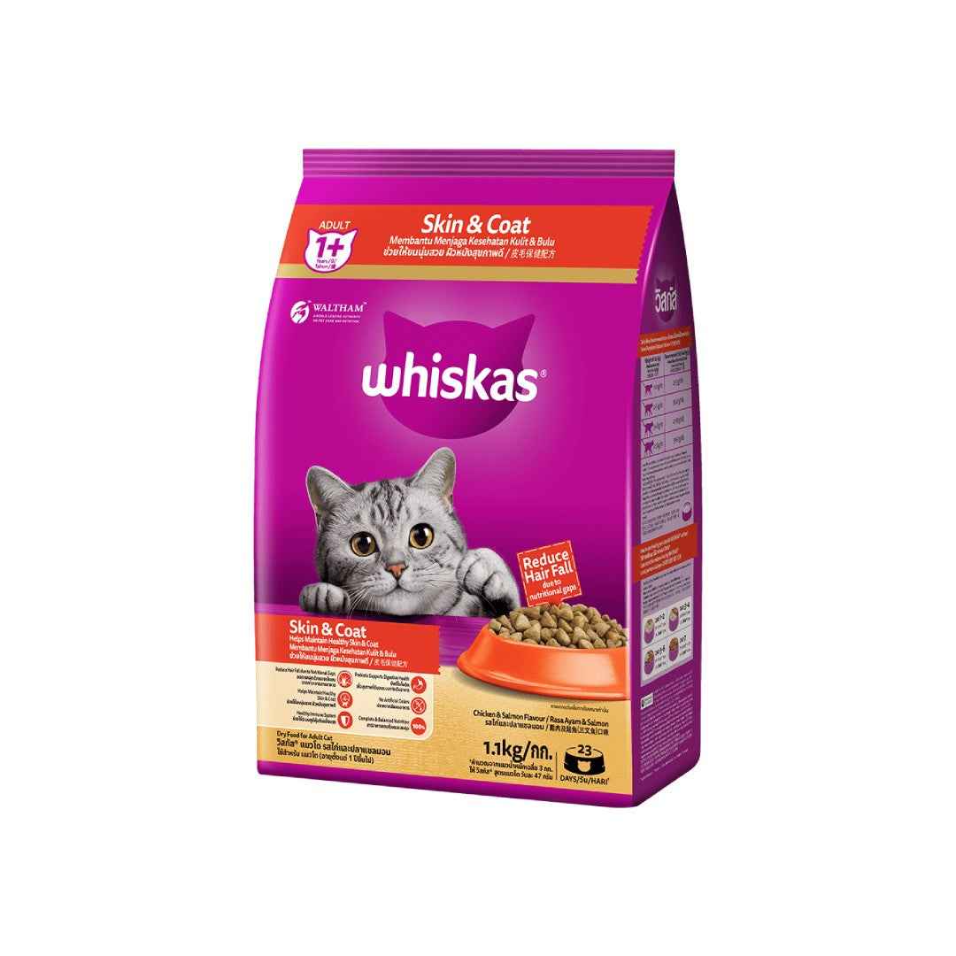 Whiskas Adult Dry Cat Food – Skin & Coat Care, Chicken & Salmon Flavour, 1.1kg | Complete Nutrition for Cats Aged 1+ Years