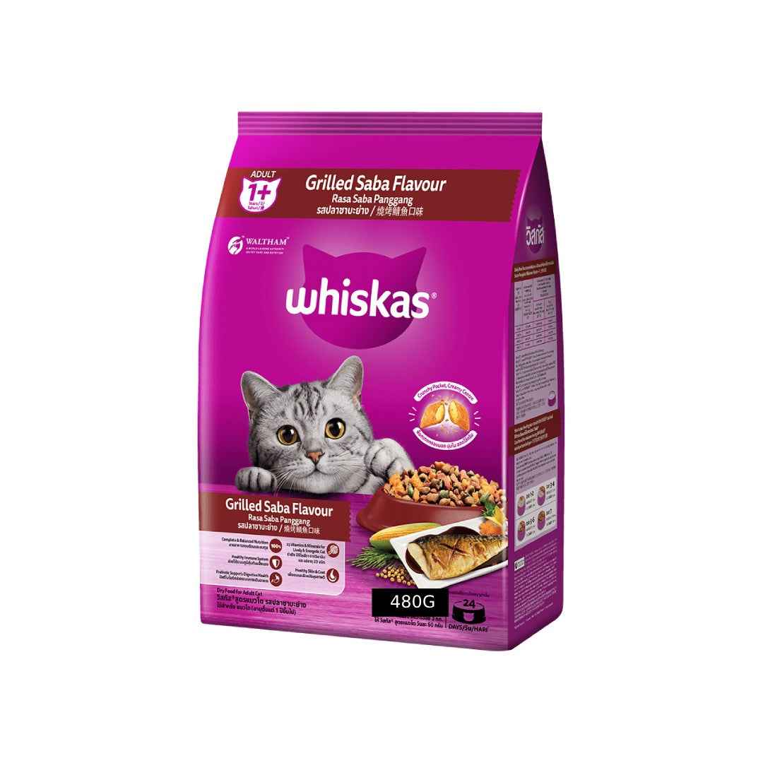 Whiskas Adult Dry Cat Food – Grilled Saba Flavour, 480g | Complete & Balanced Nutrition for Cats Aged 1+ Years
