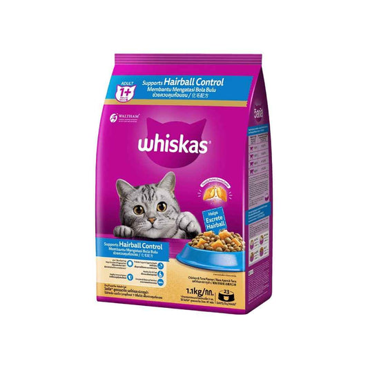 Whiskas Adult Dry Cat Food – Hairball Control, Chicken & Tuna Flavour, 1.1kg | Complete Nutrition for Cats Aged 1+ Years