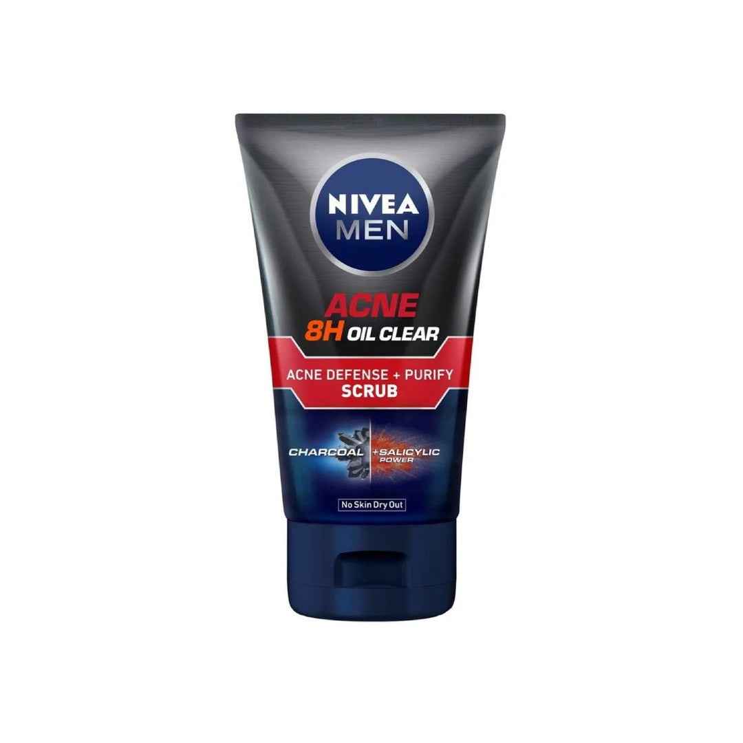 NIVEA MEN Acne Oil Clear Acne Defense + Purify Scrub – 100ml | Deep Cleansing Face Scrub with Salicylic Acid & Charcoal | Controls Oil & Fights Acne