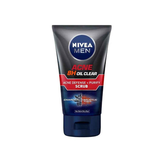 NIVEA MEN Acne Oil Clear Acne Defense + Purify Scrub – 100ml | Deep Cleansing Face Scrub with Salicylic Acid & Charcoal | Controls Oil & Fights Acne