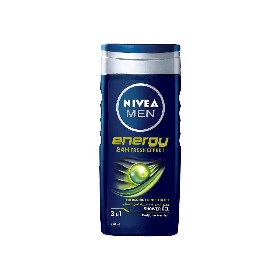 NIVEA Men Energy Shower Gel – 3-in-1 for Body, Face & Hair, 250ml – Revitalising Formula with Mint Extract for an Energising Freshness