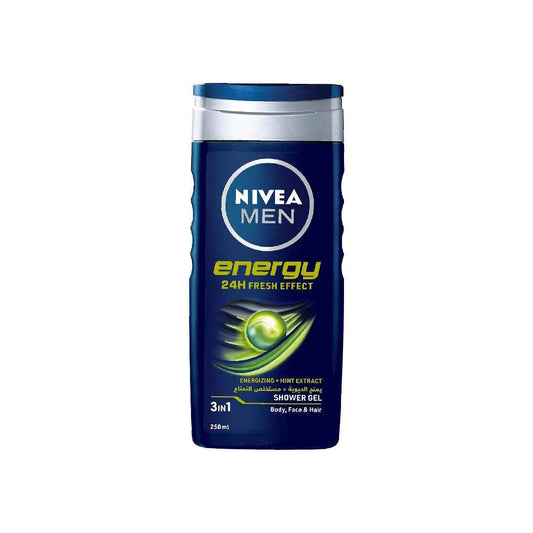 NIVEA Men Energy Shower Gel – 3-in-1 for Body, Face & Hair, 250ml – Revitalising Formula with Mint Extract for an Energising Freshness