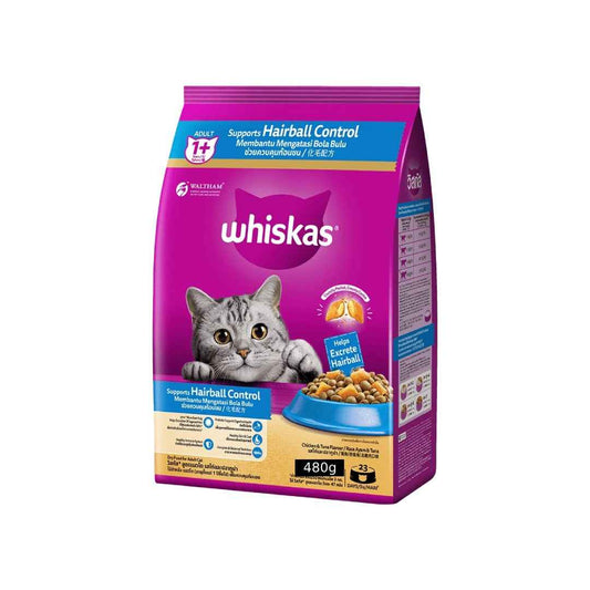 Whiskas Adult Dry Cat Food – Hairball Control, Chicken & Tuna Flavour, 450g | Complete Nutrition for Cats Aged 1+ Years