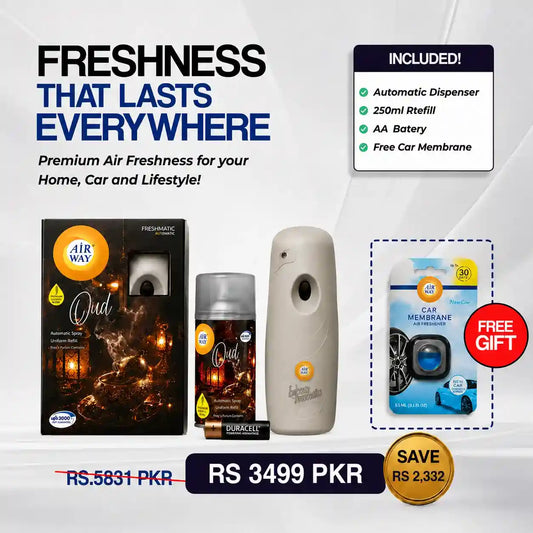 Airway Automatic Air Freshener Machine with Refill+Free Car Air Freshener – Oud | Oil Based Fragrance - Long Lasting Freshness