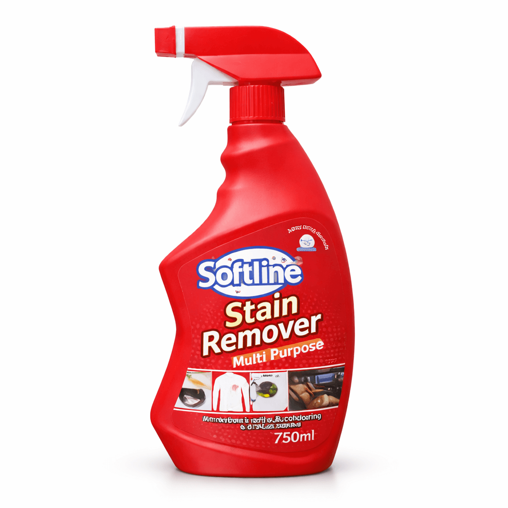 Red bottle of Softline Stain Remover on a white background